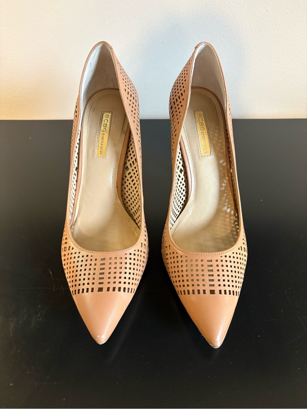 BCBGMaxAzria Tan Laser-Cut Pointed Toe Pumps